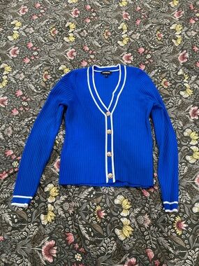 Express Royal Blue Ribbed Cardigan with White Trim and Gold Buttons